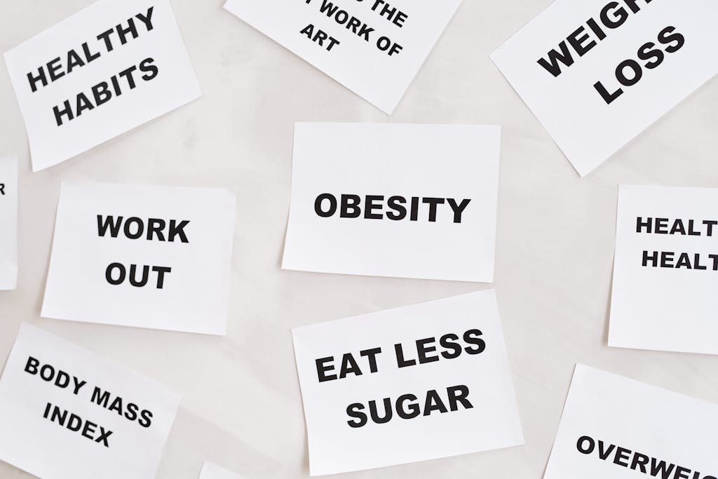 Conceptual image featuring motivational cards on health, fitness, and wellness on a white background.