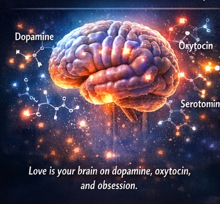 A human brain surrounded by glowing molecules of dopamine, oxytocin, and serotonin, illustrating the chemical basis of love.