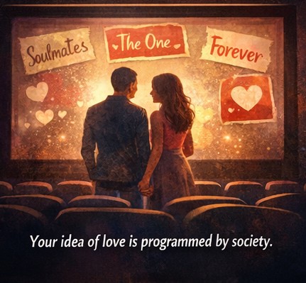 A couple observing cultural symbols of love, showing how societal narratives shape romantic expectations.