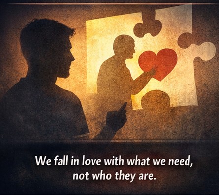 A person projecting a glowing heart onto another, symbolizing how love reflects unmet psychological needs.