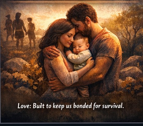 A family hugging in a natural setting, representing love’s role in human survival and bonding.
Title: Evolutionary Roots of Love