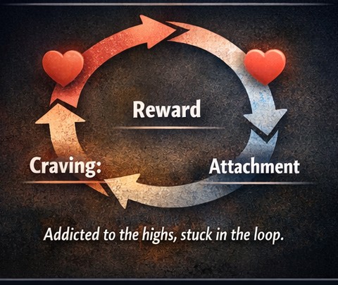 A loop with arrows and hearts showing the cycle of craving, attachment, and reward, symbolizing behavioral conditioning in love.