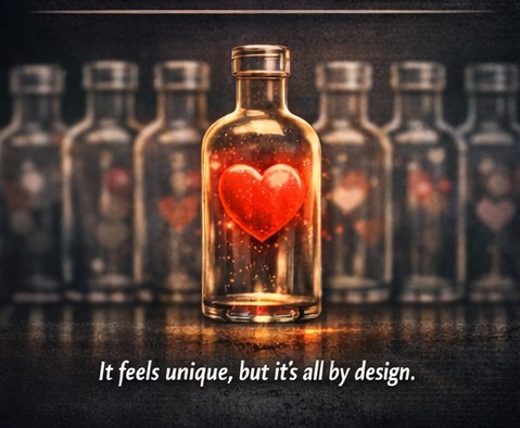One heart in a bottle stands out among many, illustrating the illusion that every romantic connection is unique.
